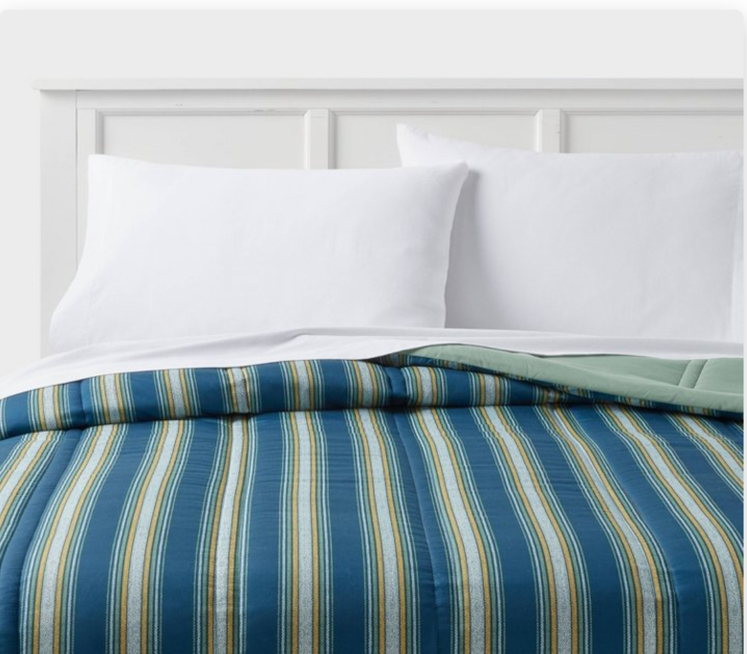 Full/ Queen Faux Shearling Microfiber Reversible Comforter Navy/ Green Plaid- Room Essentials