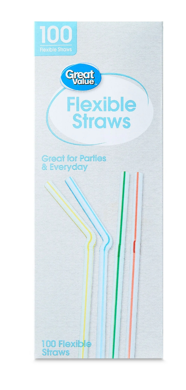 Great Value Plastic Disposable Flexible Straws, Multi-Color, 100 Count