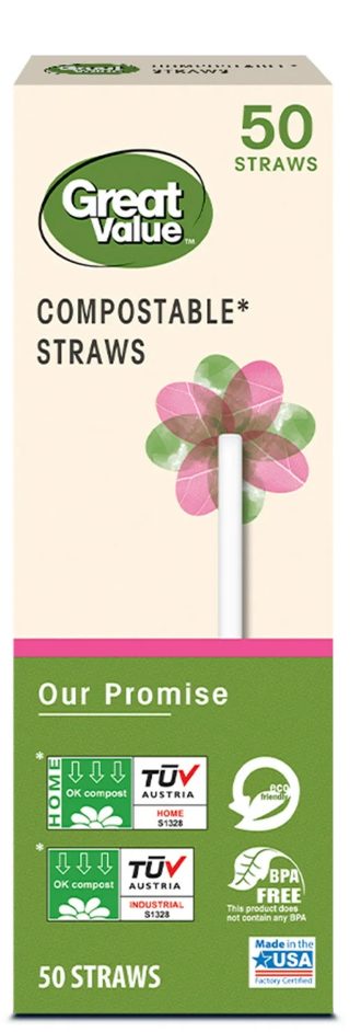 Great Value Sustainable Disposable Eco Straws, Cream, 50 Count