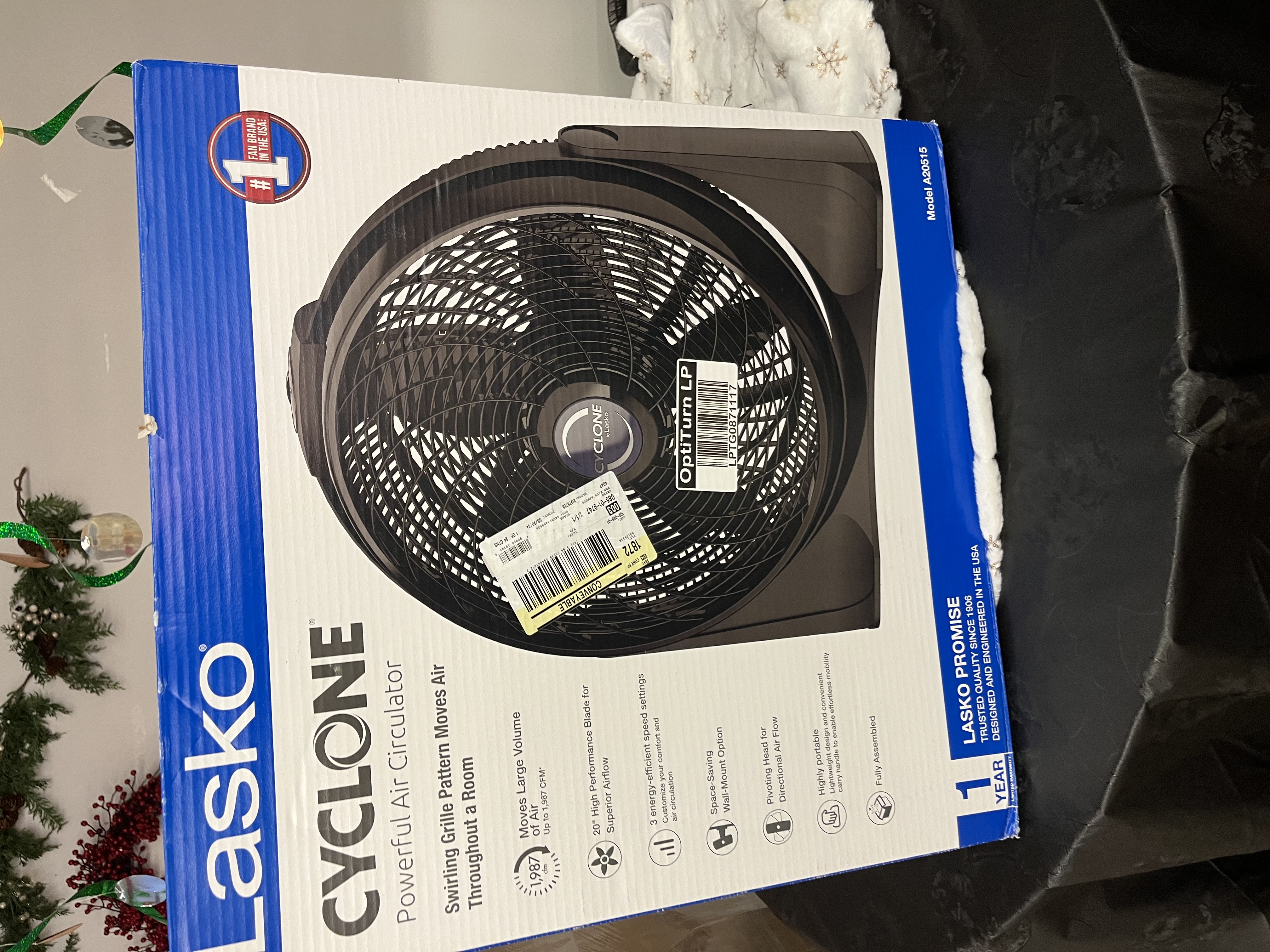 Lasko LKO-3520 20 Inch 3-Speed Cyclone Air Circulator Portable Full-Tilt Pivoting Floor or Wall Mount Fan for Large Rooms and Office, black