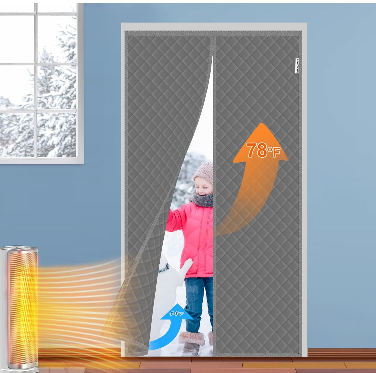 Magnetic Thermal Insulated Door Curtain Fit Door Size 32" x 80", Quilted Oxford Fabric Thicken Cotton Fill, Winter Door Cover Keep Cold Draft Out, Blanket Insulation for Front Patio Doors Gray