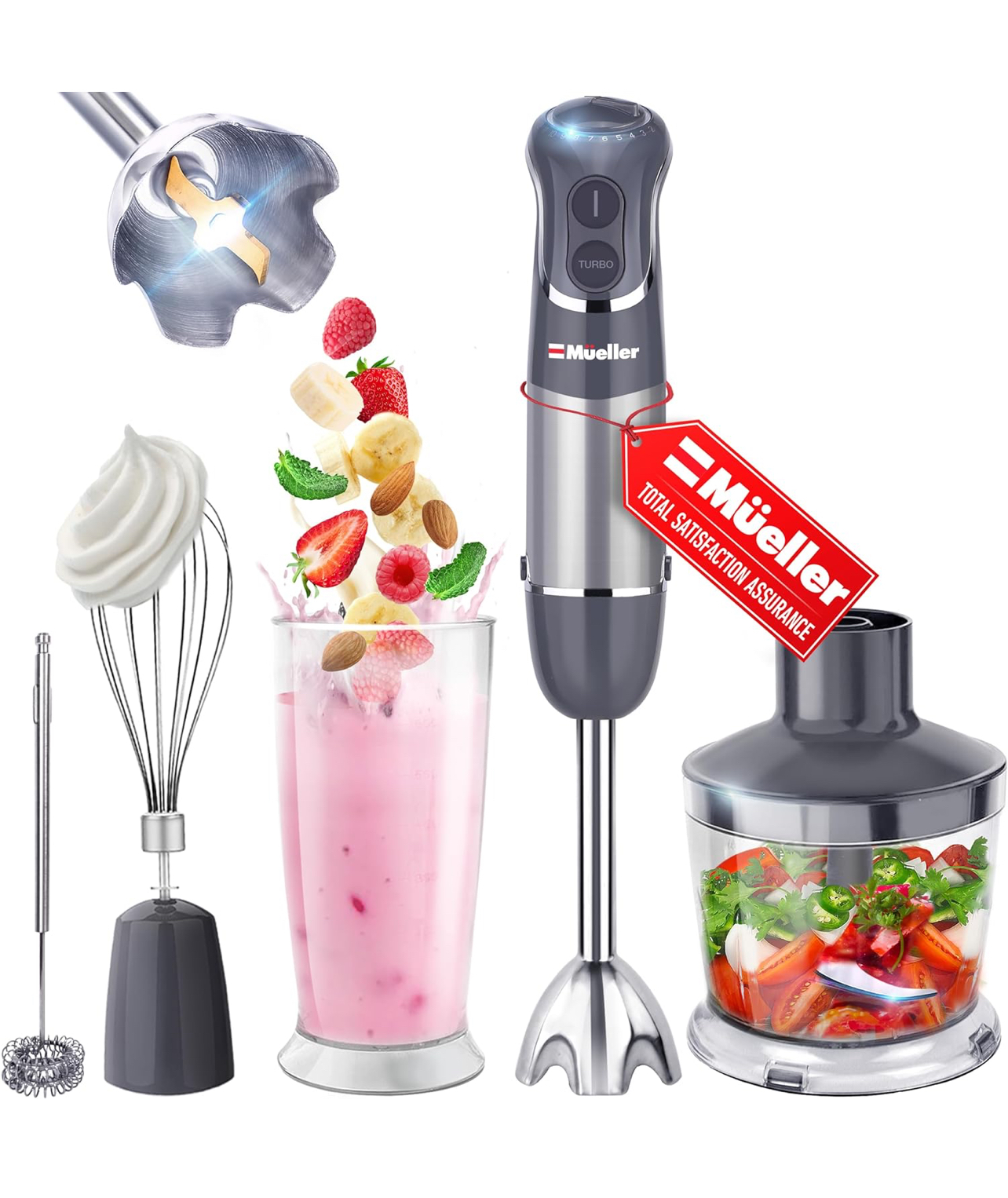 Mueller Multistick 800W 4-in-1 Immersion Blender Handheld, 12 Speed Hand Mixer - Turbo Boost, Heaviest Duty Copper Motor, Titanium Blades Hand Blender, Milk Frother Wand, Whisk, Beaker, Chopper