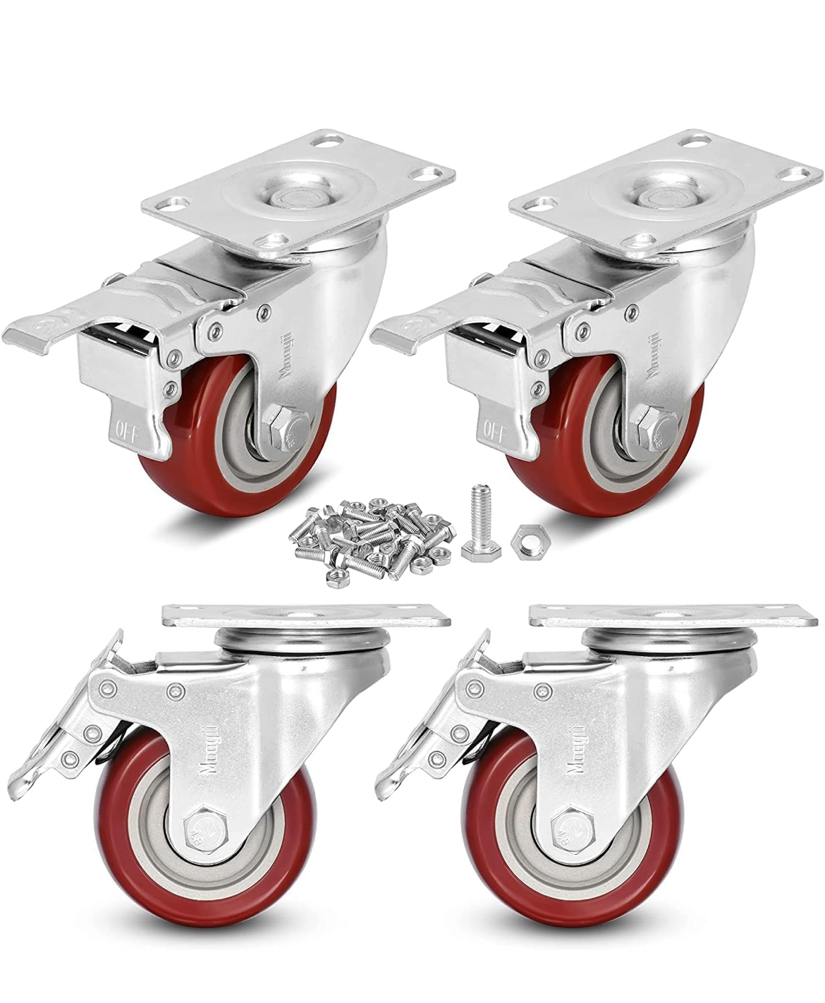 Nefish 6 Inch Industrial Casters Set of 4 Heavy Duty No Noise Polyurethane Wheel on Steel Hub, Workbench Casters with Brakes 4800 Lbs, Plate Swivel Casters for Toolbox Workbench (4 Swivel & Brakes)