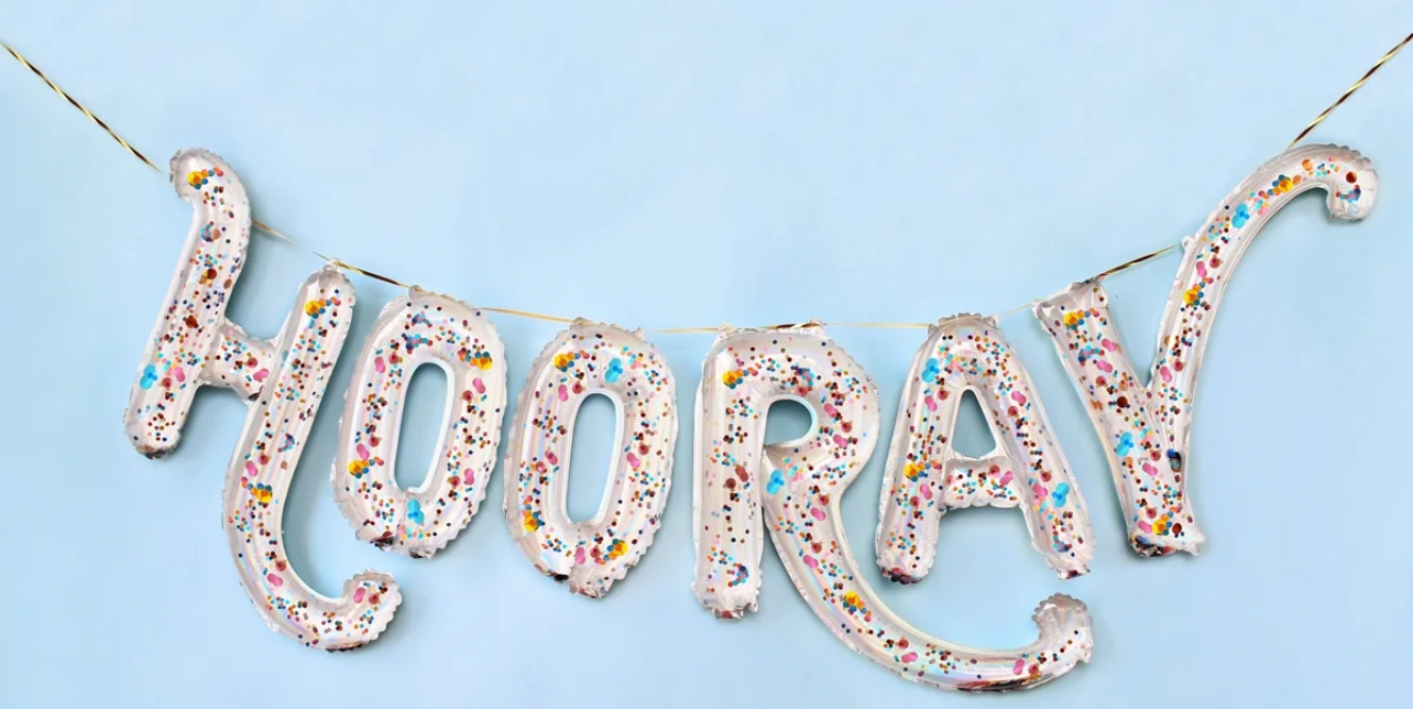 Packed Party 'Cue the Confetti' Multi-Color Confetti-Filled Balloon Banner, 6-Foot, Spells "Hooray"