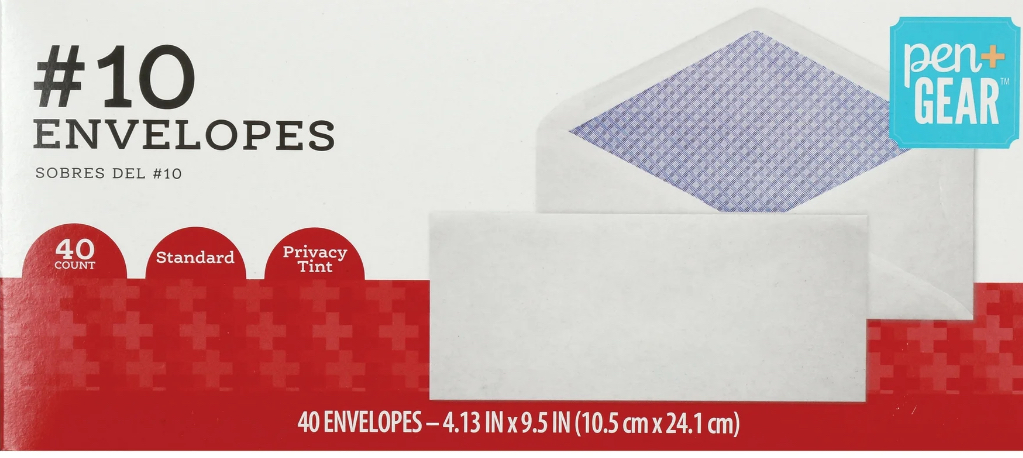 Pen+Gear #10 V-Flap Envelopes, Security Tinted, White, 40 Count