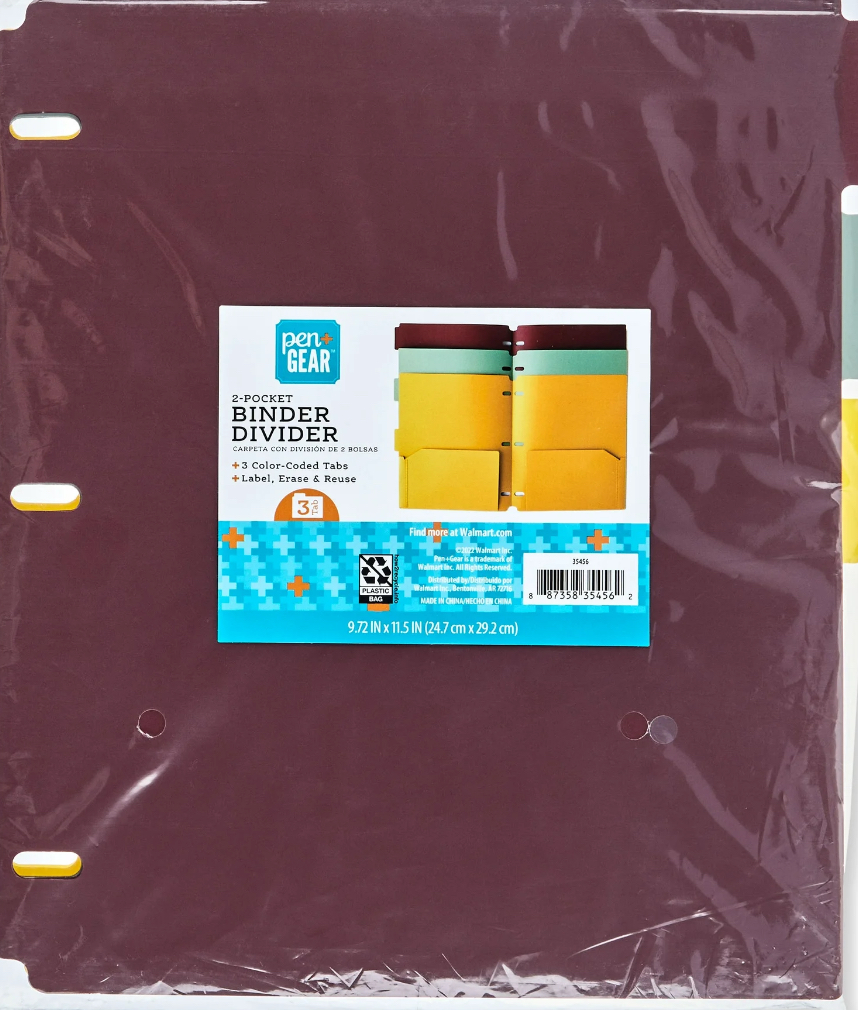 Pen+Gear 3-Tab 2-Pocket Binder Dividers, 3 Count, 3 Color, Model 35456