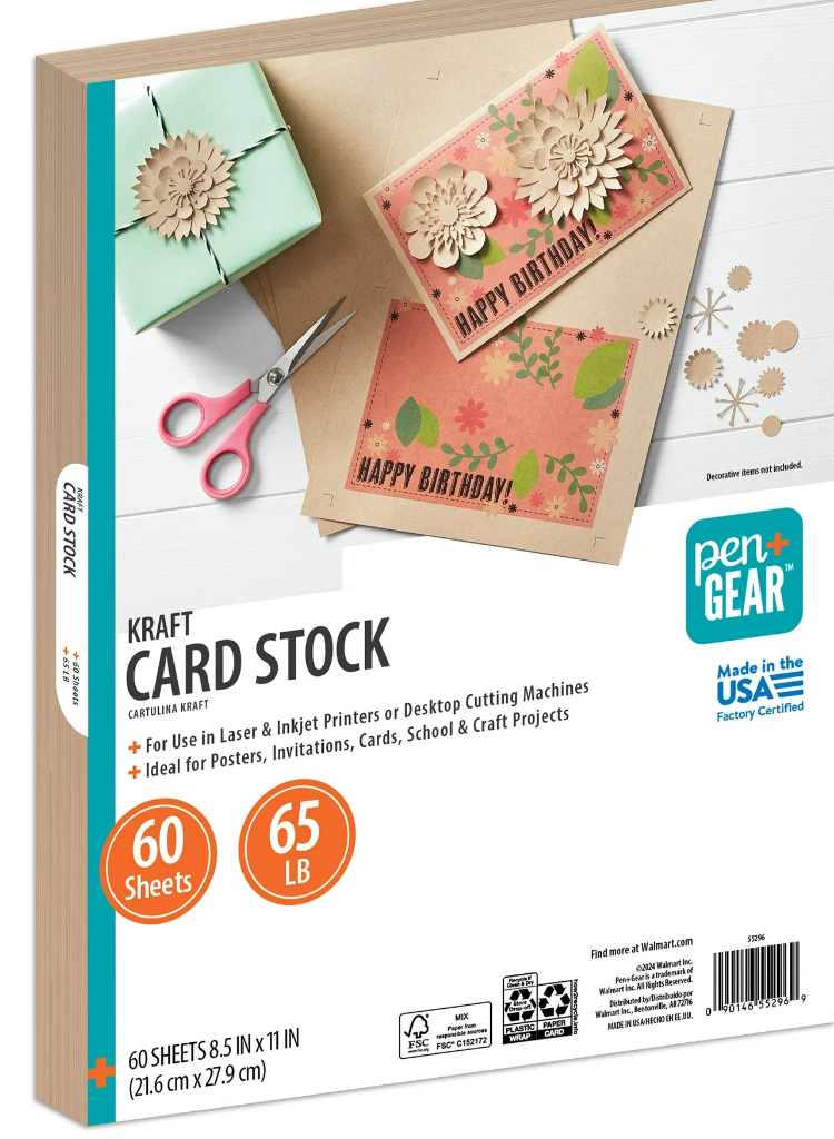 Pen+Gear Kraft Card Stock Paper, 8.5"x 11", 65 lb, 60 Sheets