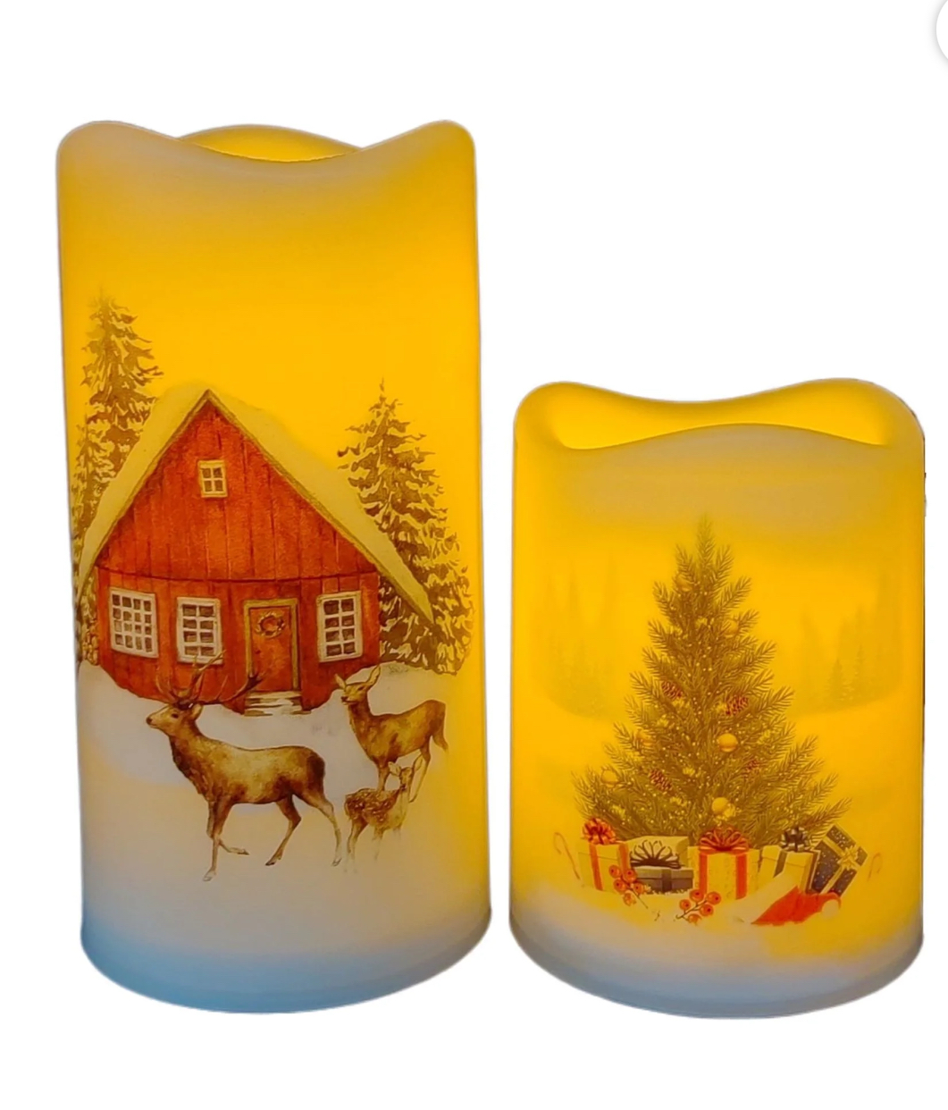 Plastic White LED Pillar Candle with Christmas Tree & House Decal, 3 x 6 in and 3 x 4 in, by Holiday Time