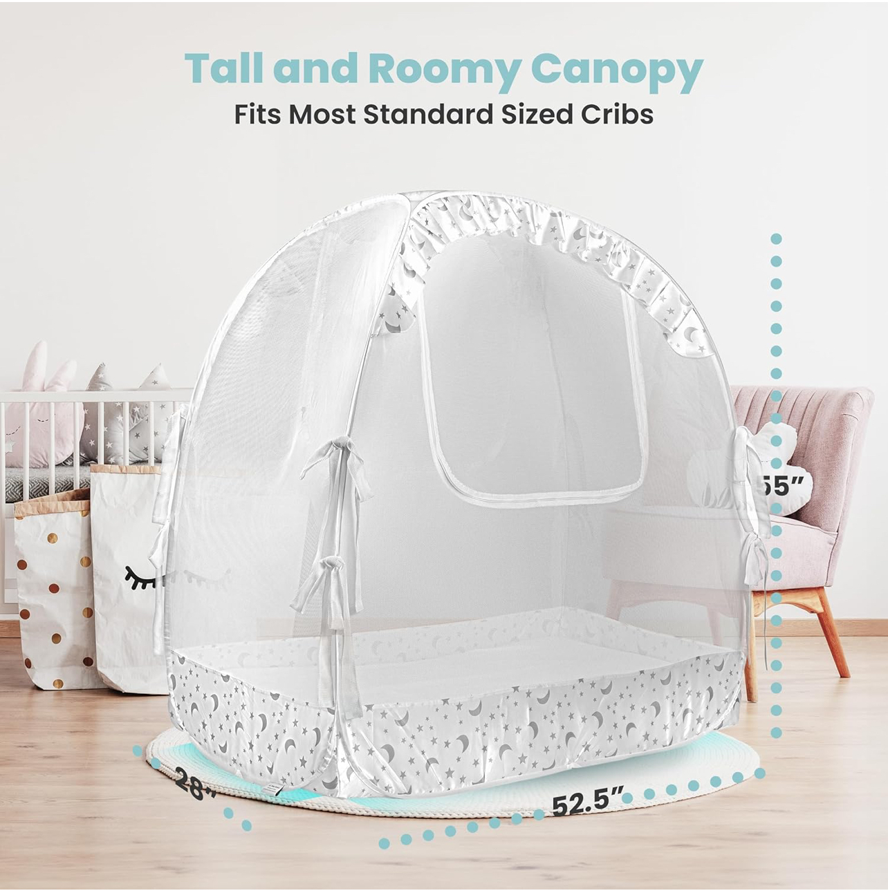 Premium Pop Up Crib Tent, Crib Cover to Keep Baby from Climbing Out, Prevent Falls and Mosquito Bites, Safety Net Canopy - Sturdy & Stylish Infant Crib Topper, Mosquito Net