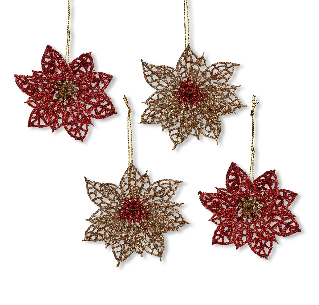 Red and Gold Poinsettia Mini Christmas Ornaments, 0.14 lbs, 4 Count, by Holiday Time
