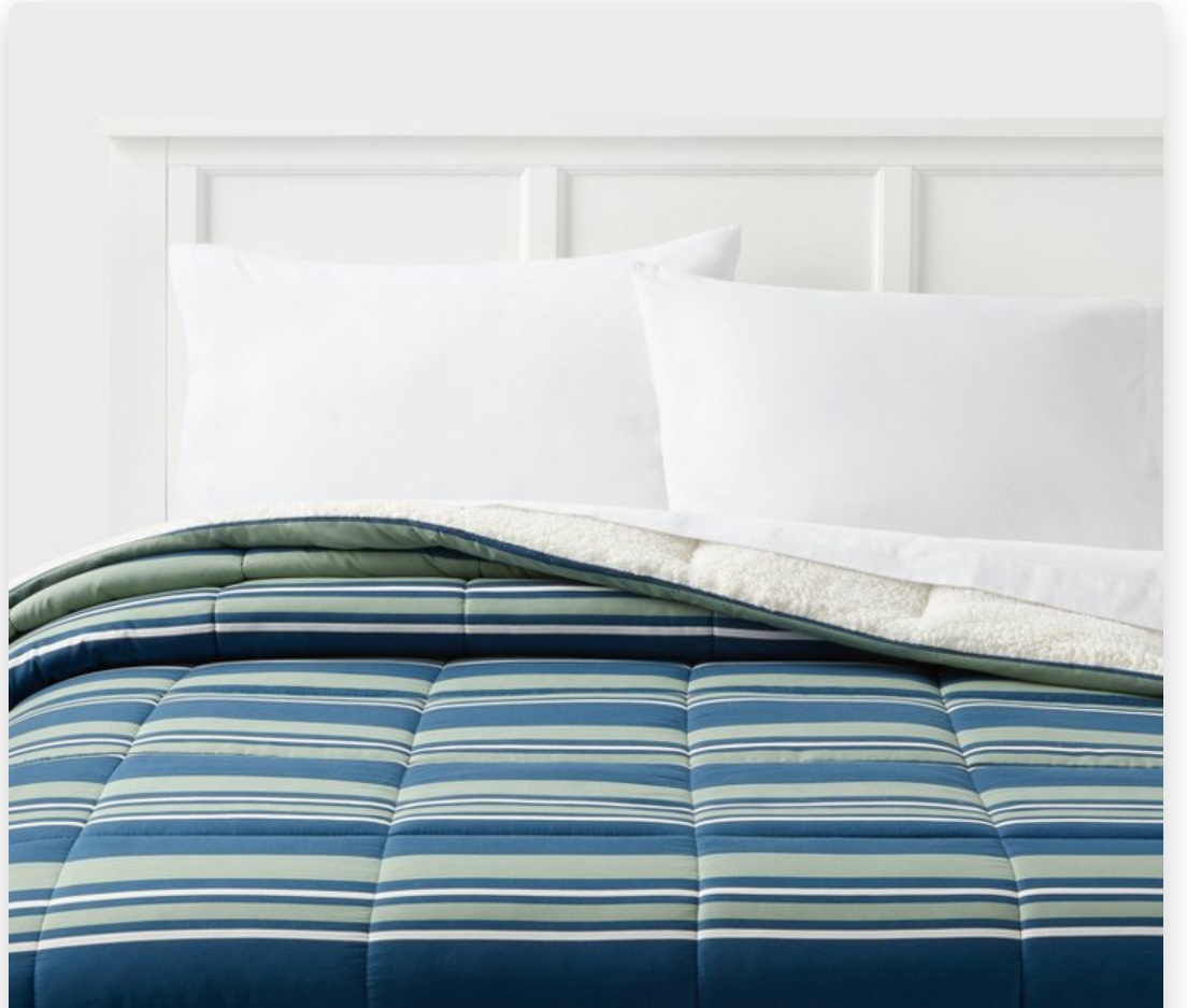 Twin/ Twin Extra Long Faux Shearling Microfiber Reversible Comforter Navy/ Green plaid
