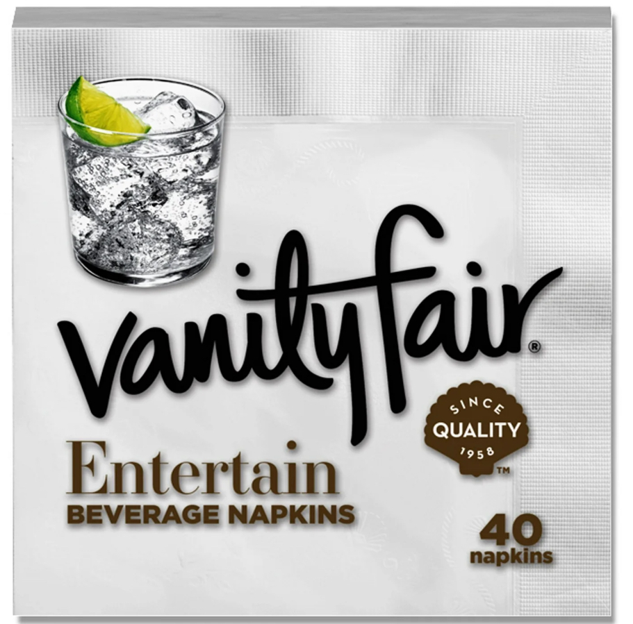 Vanity Fair Entertain Beverage Disposable Paper Napkins, White, 40 count