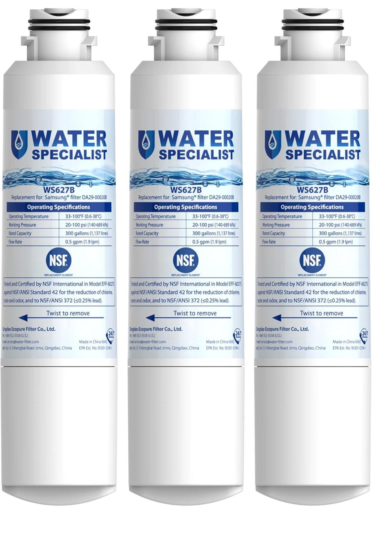 Waterspecialist DA29-00020B Samsung Water Filter for Refrigerators, Replacement for Samsung Water Filter DA29-00020B, HAF-CIN, RS25J500DSR, RF28HMEDBSR, HAF-CIN/EXP, RF4287HARS, RF28HFEDBSR, 3 Filters