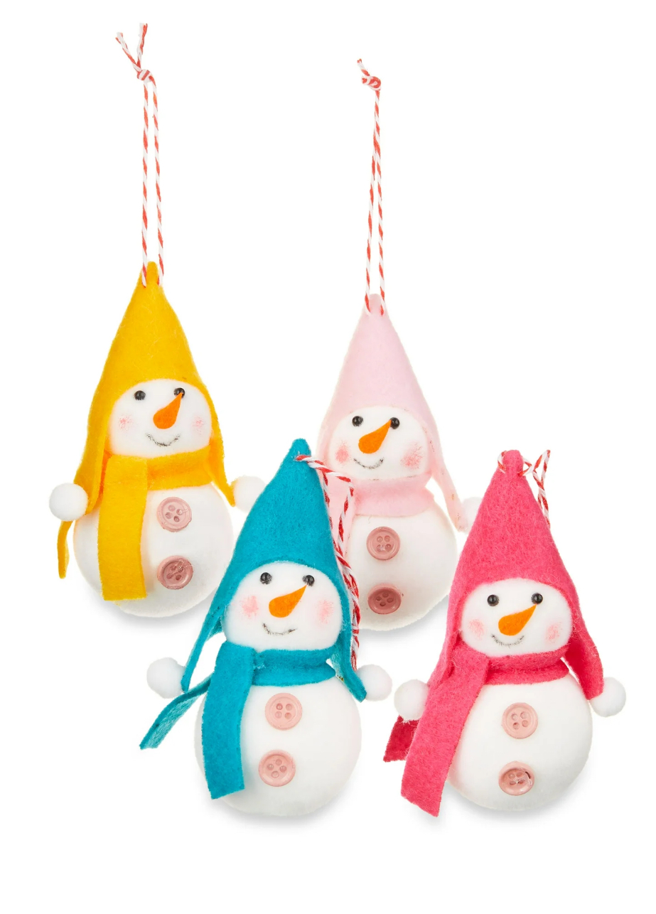 Whimsy 4pk Bright Flocking Snowman Ornaments with Hat Christmas Ornament Set, by Holiday Time