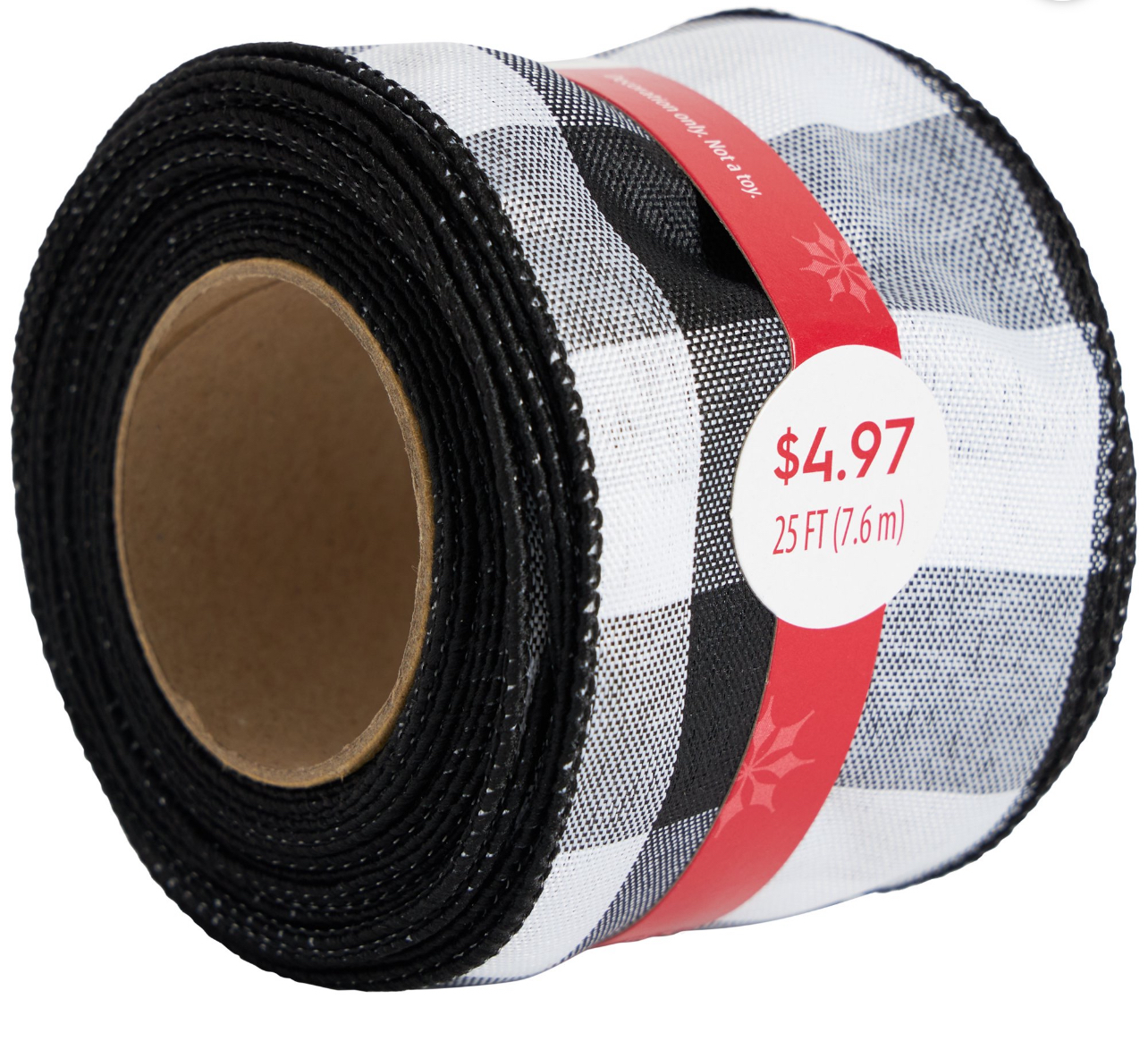White & Black Check Buffalo Plaid Christmas Ribbon, 25 ft, by Holiday Time