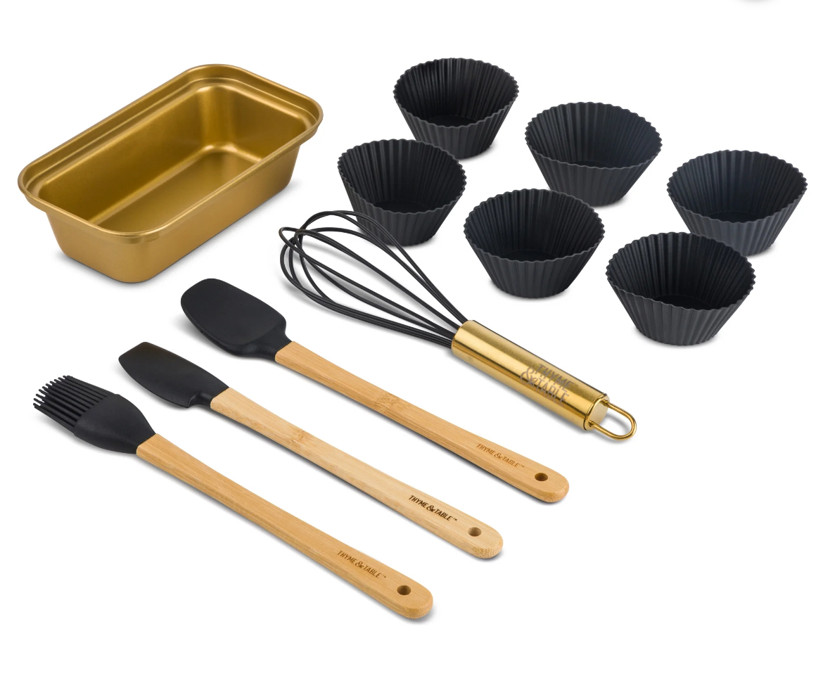 Thyme & Table Mini Kitchen Utensil Set with Whisk, Spatula, Mini Loaf Pan, Cupcake Liners, 11 Pieces, Gold