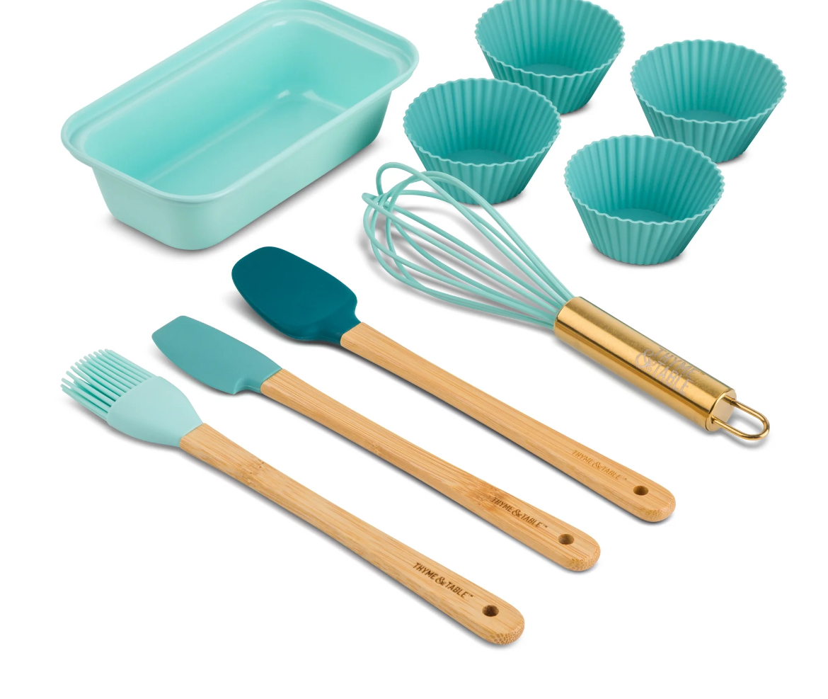 Thyme & Table Mini Kitchen Utensil Set with Whisk, Spatula, Mini Loaf Pan, Cupcake Liners, 11 Pieces, Teal