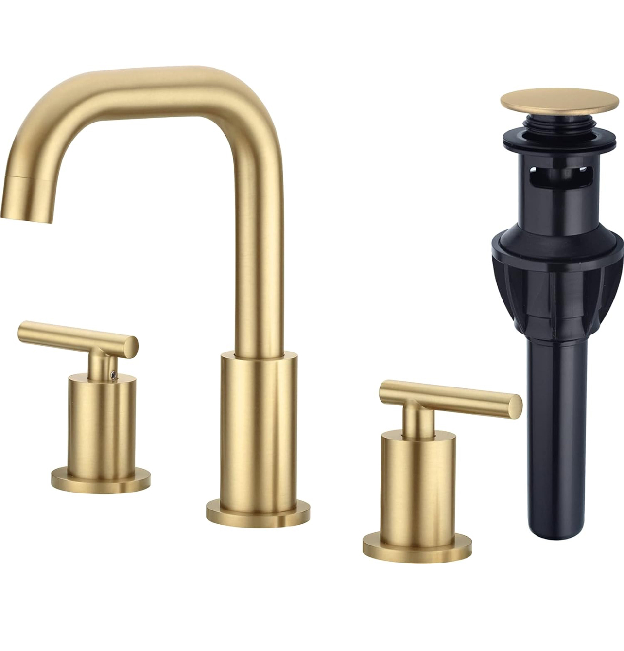 TRUSTMI Bathroom Faucet 2 Handle 8 Inch Brass Bathroom Sink Faucet 3 Hole Widespread with 360 Degree Swivel Spout, CUPC Water Supply Lines and Overflow Pop Up Drain Included, Brushed Gold