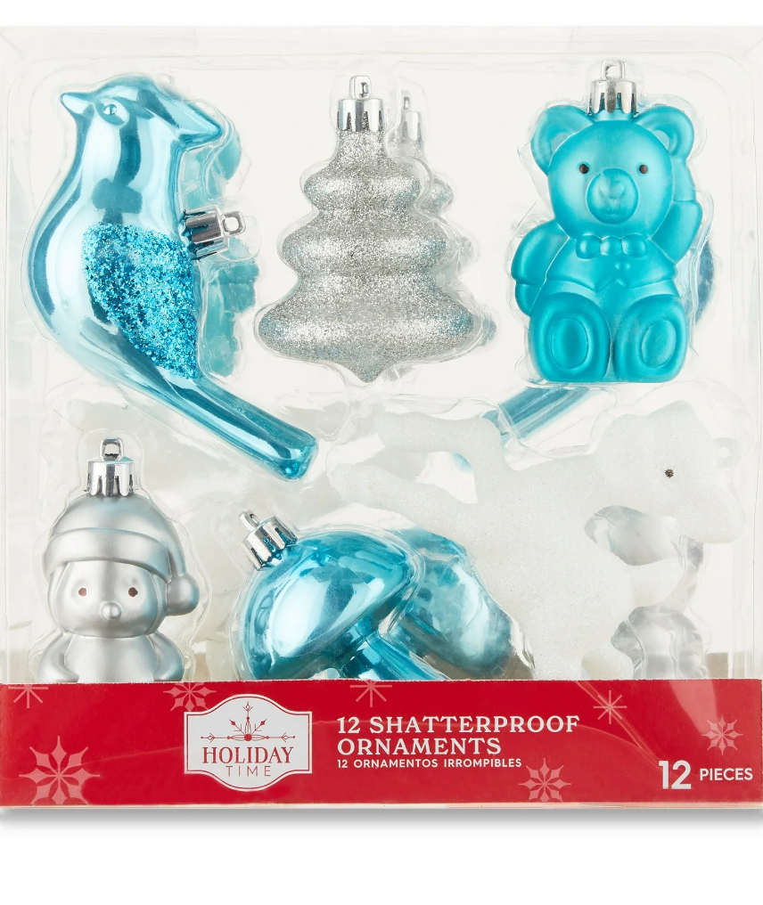 Turquoise, Silver & White Winter Icon Shatterproof Christmas Ornaments, 0.02 lb, 12 Count, by Holiday Time