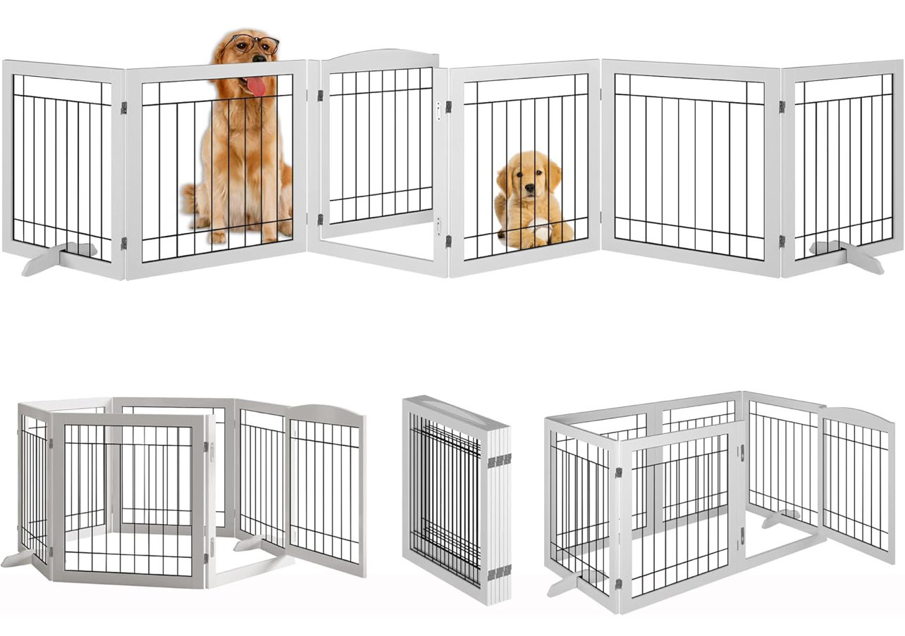Vantas Folding Pet Gate 144" Wide, 30" Tall No-Assembly Wooden Dog Gate with Door Walk Through, Freestanding Wire Pet Gate, Pet Puppy Safety Fence, with 2PCS Support - White
