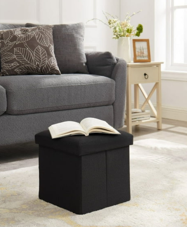VECELO 12" Foldable Tufted Linen Storage Ottoman, Square Cube Foot Rest Stool/Seat Toy Chest, Black