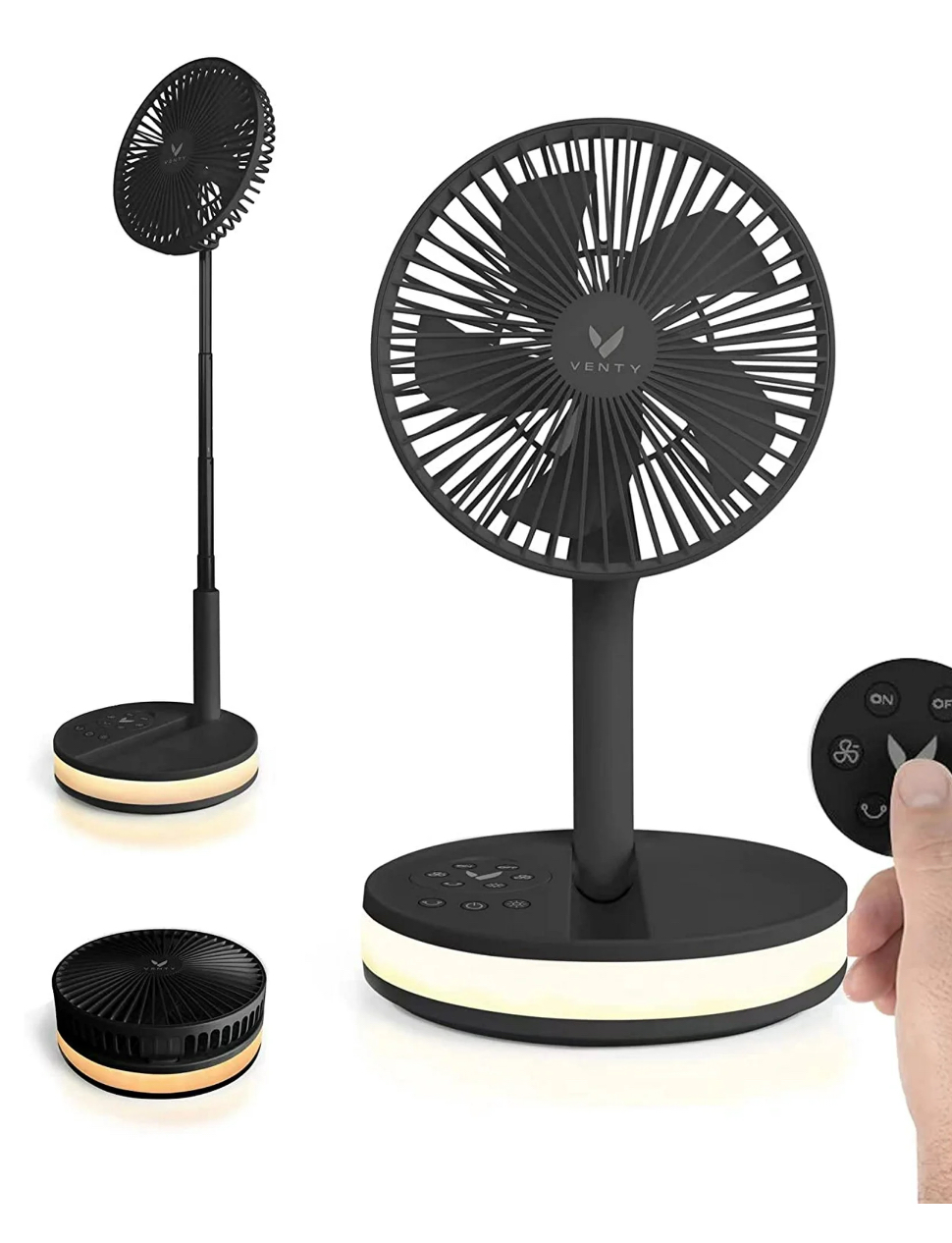 VENTY Portable Fan - Wireless Battery Operated Fan, 48HR Run Time 16000MAH Oscillating Rechargeable Fan, Remote Control & LED Lighting, Folding Telescopic Camping Fan (Black with Case)
