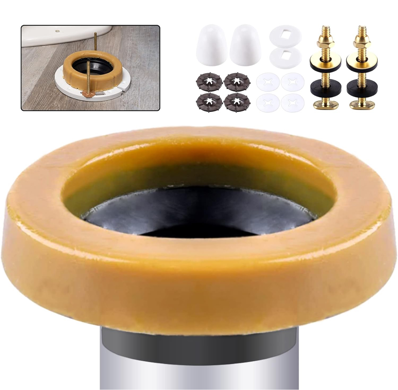 Wax Ring & Brass Bolts for Toilet Bowls Reinforced with Polyethylene Flange, Toilet Bowl Wax Gasket Seal for Floor Outlet Toilets New Install or Re-seat, Fits 3-inch or 4-inch Waste Lines