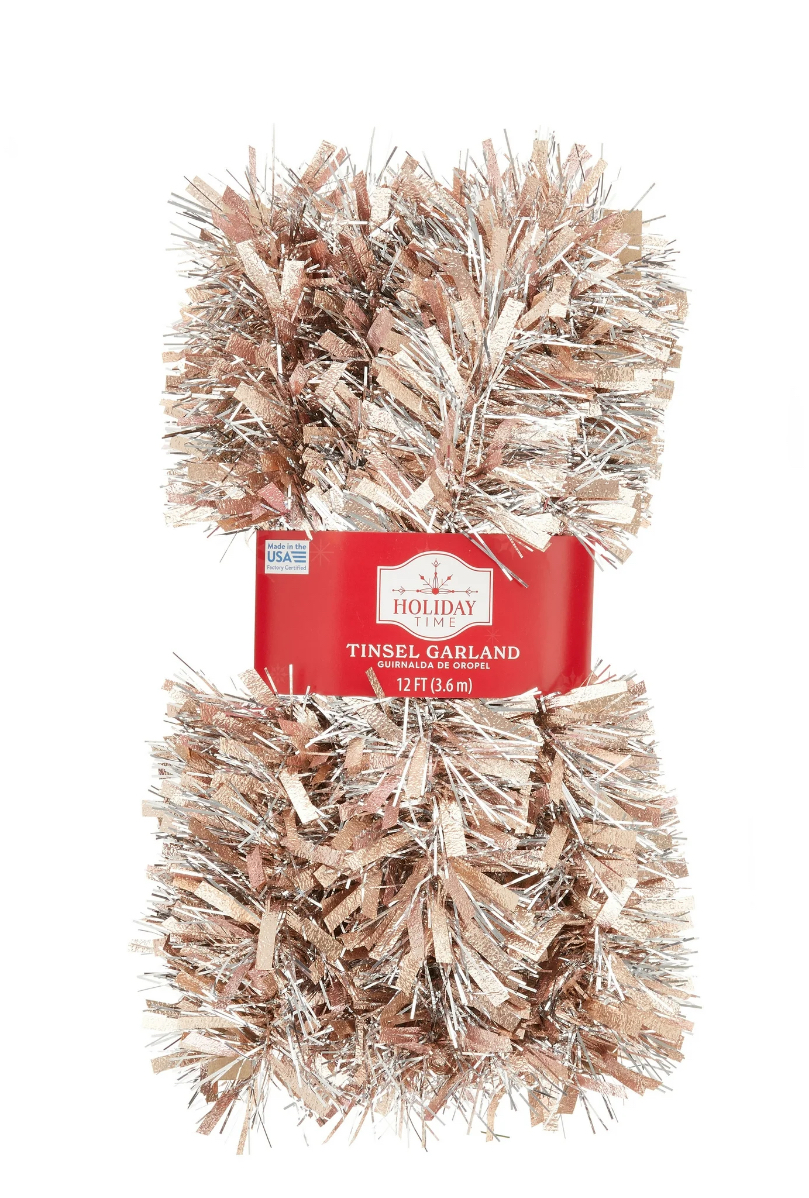 Wide Needle Cracked Ice Rose with Narrow Silver Lame Needle Tinsel Garland, 12 ft, by Holiday Time