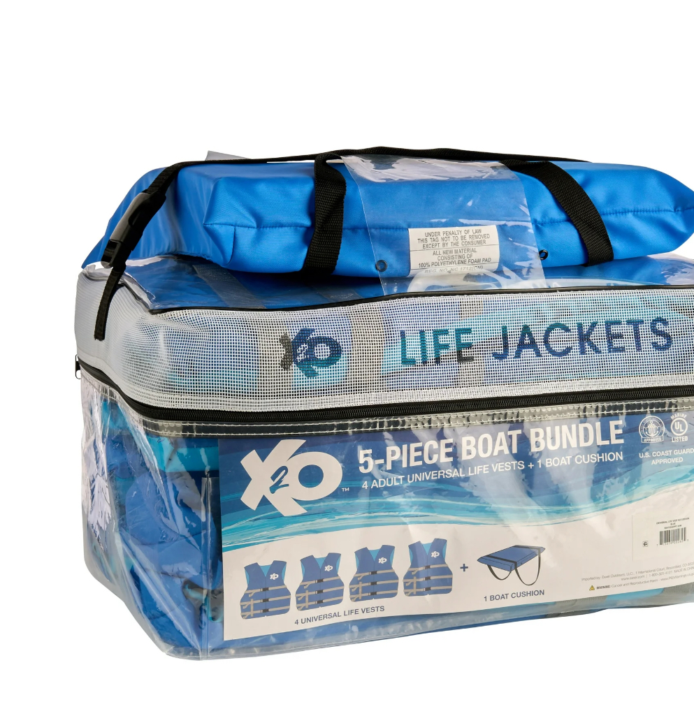X20, 5-Pack Boat Bundle: Universal Life Jacket 4-Pack Plus Throwable Boat Cushion in Blue, Unisex