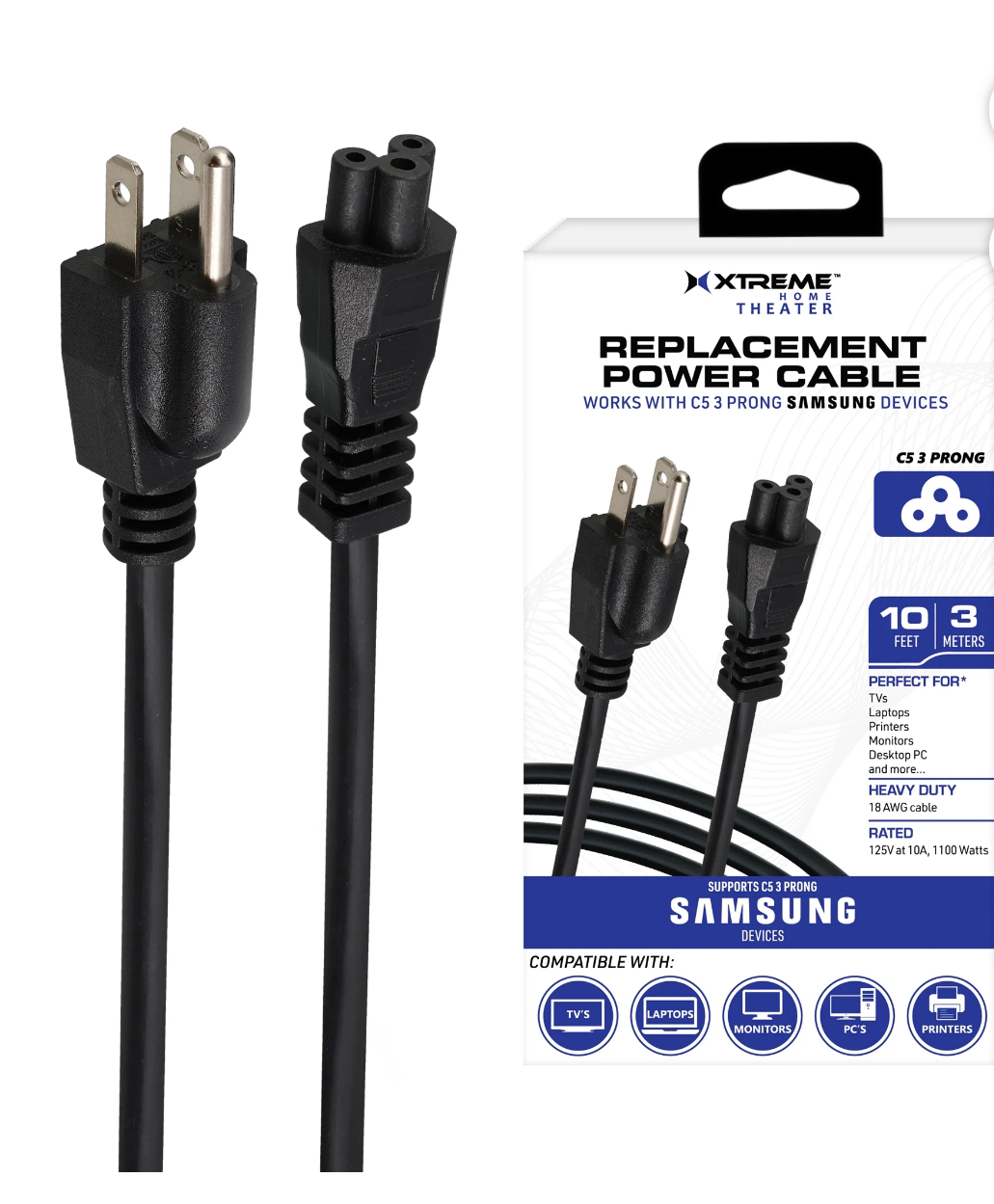 Xtreme 3 Prong 10ft Replacement Power Cable for Samsung and LG Computers, TV, New Monitors